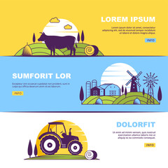 Farm banners. stylized illustrations of eco farm with field domestic animals and vehicles