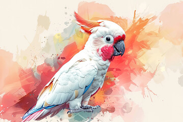 simple minimalistic flat style of watercolor sketch of cute cartoon  parrot print, white background 