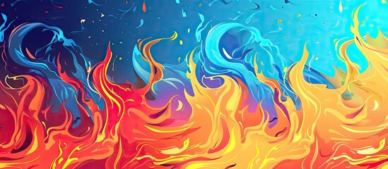 A painting of liquid art showcasing colorful flames on an electric blue background. The pattern resembles a wind wave or a geological phenomenon - obrazy, fototapety, plakaty