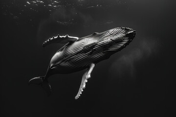 majestic humpback whale breaching the surface of an ocean, high contrast portrait, black and white - obrazy, fototapety, plakaty