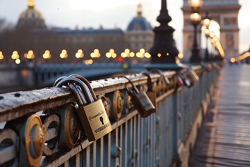 The romantic Pont des Arts bridge in Paris with love locks, Ai generated - obrazy, fototapety, plakaty