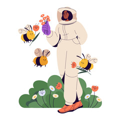Honeybees fly, gather meadow flowers. Apiarist in protective suit walks with bees, collects plants, holds posy. Beekeeper care about apiary. Flat vector illustration isolated on white background
