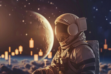 Astronaut in space wearing a helmet under the starry night, surrounded by futuristic technology and darkness - obrazy, fototapety, plakaty