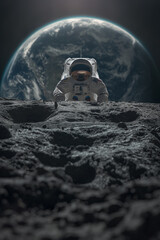 A man in a spacesuit is standing on the surface of the moon