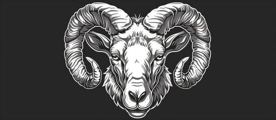 A stunning black and white illustration of a rams head with intricate horns set against a dark background, showcasing the symmetry and beauty of this terrestrial animal in art - obrazy, fototapety, plakaty