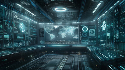A computer room with a large screen showing a map of the world
