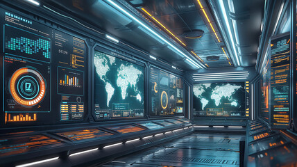 A futuristic room with a large screen displaying a map of the world