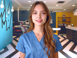 A young nurse in a blue uniform against the background of the modern interior of the clinic. Medical personnel and the concept of a modern medical environment