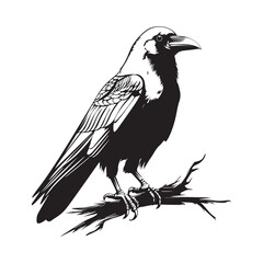 Crow standing on branch Vector Image, Isolated on White Background - obrazy, fototapety, plakaty