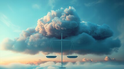 Conceptual artwork of a balance scale between a stormy cloud and a clear sky - obrazy, fototapety, plakaty