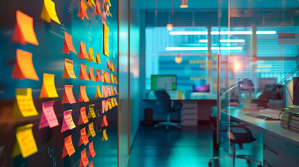 interior of a modern office building. Post it stickers on board	
