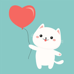 White cat kitten kitty holding red heart air balloon. Cute cartoon kawaii funny animal baby character. Smiling face. Happy Valentines Day. Flat design. Love card. Blue background. Isolated. Vector