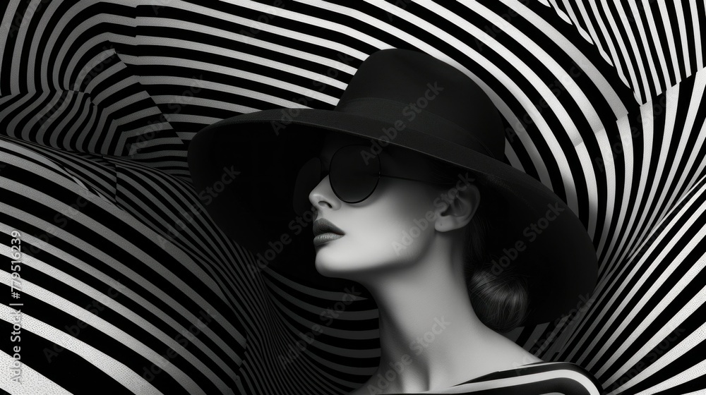 Wall mural Portrait of beautiful model in striped hat on a stripe background