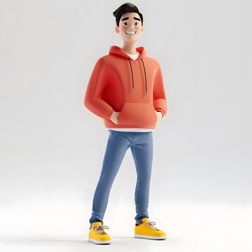 A cheerful Asian man in casual fashion clothes, standing in a 3D rendered pastel scene.