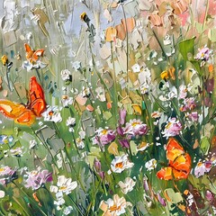 Oil painting of delicate wildflowers and orange butterflies in a sunlit meadow, displaying the rich textures and colors of the landscape.