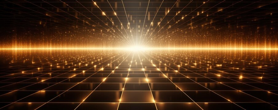 gold light grid on dark background central perspective, futuristic retro style with copy space for design text photo backdrop