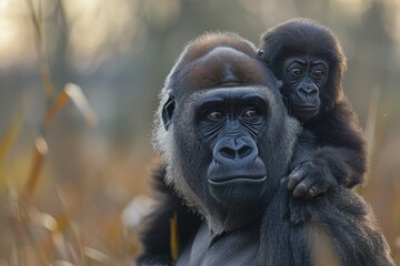 Obraz premium Gorilla sitting in a natural habitat appears to be hiding its face with its hands, possibly in a playful or shy gesture