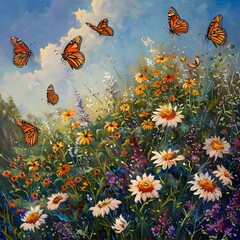 Oil painting of delicate wildflowers and orange butterflies, capturing the beauty of nature in a rich and textured way.
