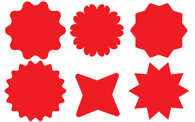 Set of vector starburst, sunburst badges. Nine different color. Simple flat style Vintage labels. Design elements. red Colored stickers