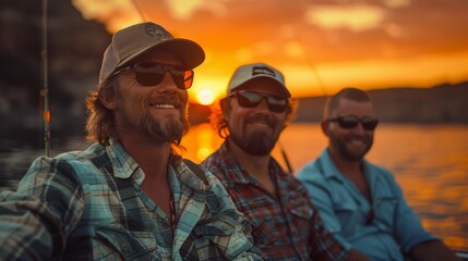 Fototapeta premium Group of Smiling Men Enjoying a Boat Ride at Sunset with Golden Hour Light Reflecting on the Water