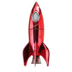 A gleaming red rocket, made of precious metal, launches successfully against a white background.