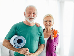 senior active exercise  woman man couple training sport fitness mat gym fit pilates home love...