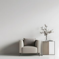 3D rendering of a modern, minimalist interior with a focus on a single armchair, set against a white background.