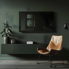 Dark green wall-mounted cabinet TV in a minimalist setting with a leather armchair, creating a modern and sophisticated atmosphere.