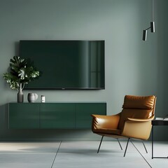 Dark green wall-mounted cabinet TV in a minimalist setting with a leather armchair, creating a modern and sophisticated atmosphere.