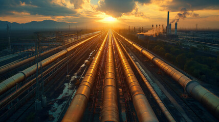 A train of oil pipes is shown in the sun - obrazy, fototapety, plakaty