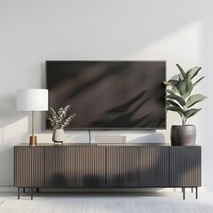 3D rendering of a modern living room with a TV on a cabinet, set against a white background.