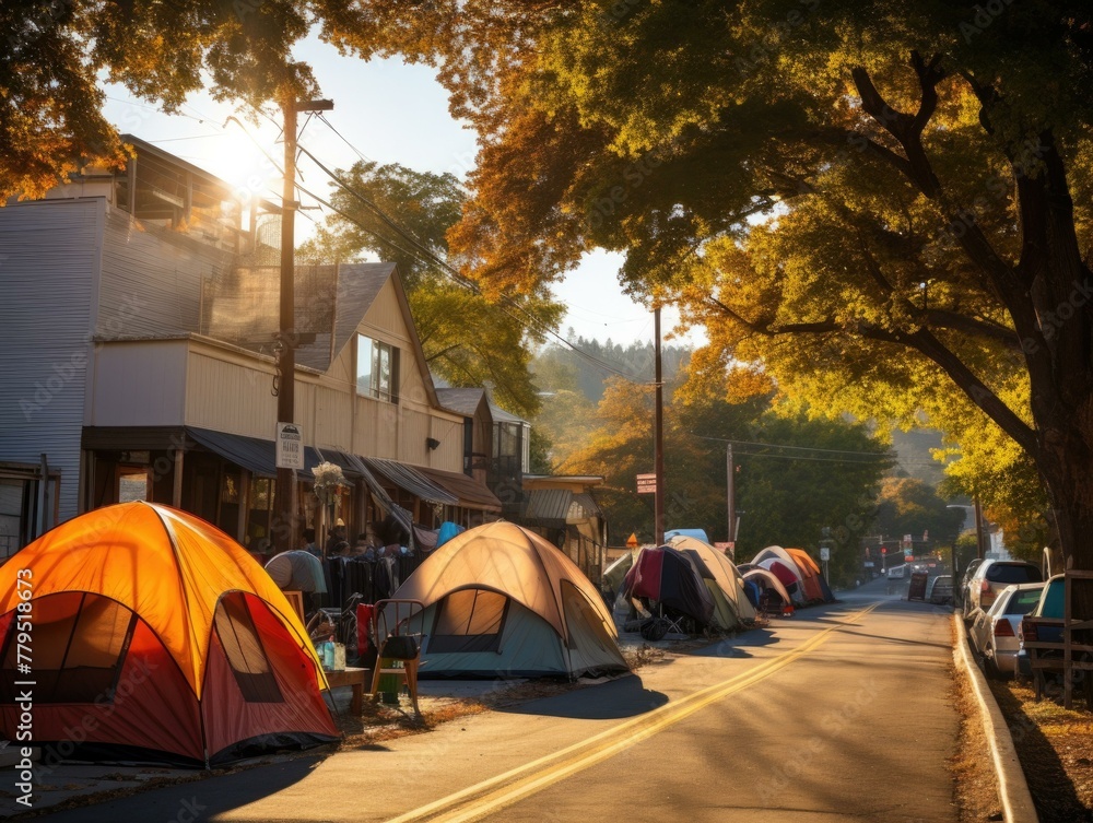 Poster a row of tents lined up on the side walk in front of a building. generative ai.