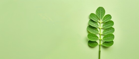 Moringa oleifera leaf on a green background. Flat lay composition with place for text. Design for health and wellness poster, banner, and natural products