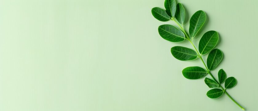 Fresh moringa leaves arranged on a soft green background, ideal for health and wellness themed designs with large copy space