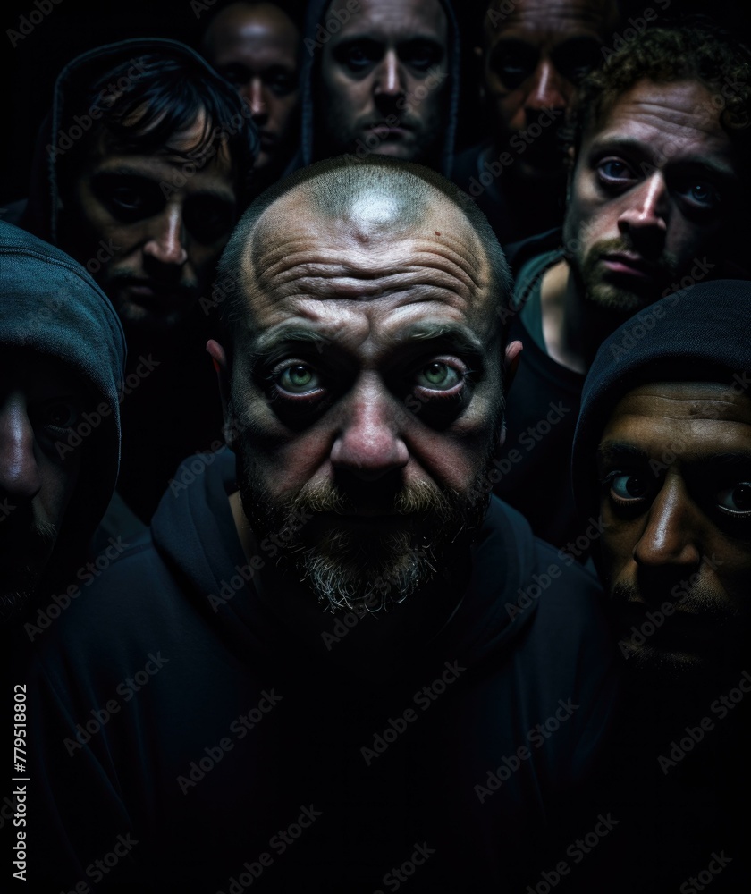 Poster a group of a man with many faces staring at him. generative ai.