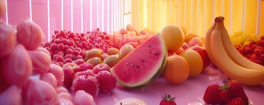 Bananas, Watermelon, Melody, A futuristic art installation where arranging fruits creates musical harmonies, blending taste with sound , Dolly zoom effect