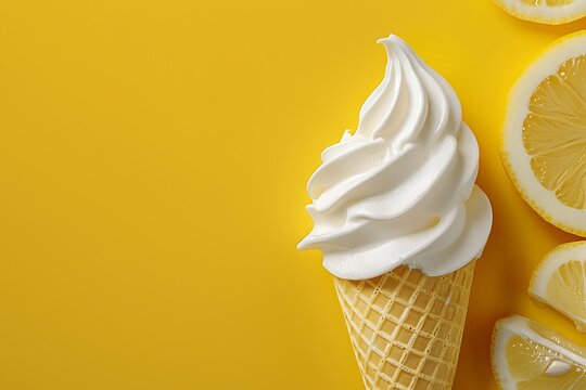 close-up white vanilla lemon tasty cone ice-cream isolated on yellow background with lemon slices in right coner