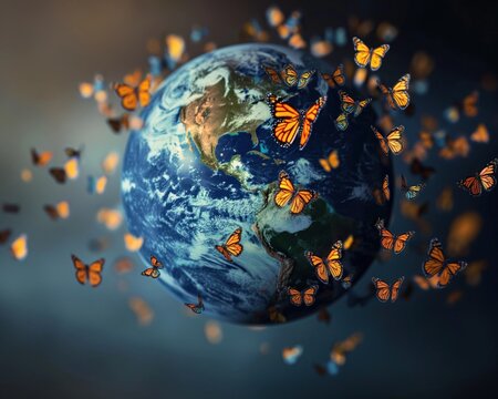Butterflies over Earth globe, vibrant and sharp, eco friendly concept