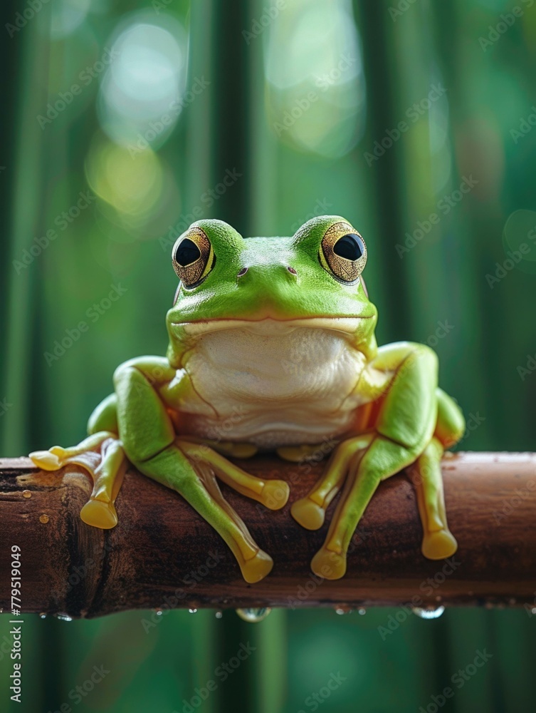 Canvas Prints A close up of a frog sitting on top of a wooden branch. Generative AI.