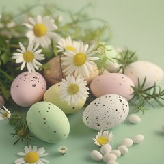 Naklejka na ściany i meble Spring design element with colorful quail Easter eggs and daisies on a light green background, resembling an Easter card background.