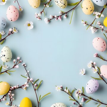 Spring Design With Colorful Easter Eggs And Flowering Branches On A Light Blue Background, Suitable For An Easter Card Or Decorative Element.