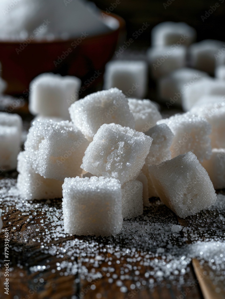 Aufkleber a pile of sugar cubes on a table with some in the bowl. generative ai.