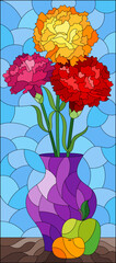 Stained glass illustration with still life, carnations in a vase and fruits on a blue background