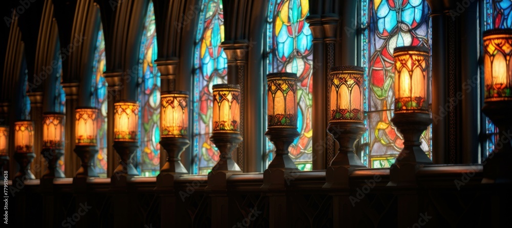 Poster a row of stained glass windows with lamps in front. generative ai.