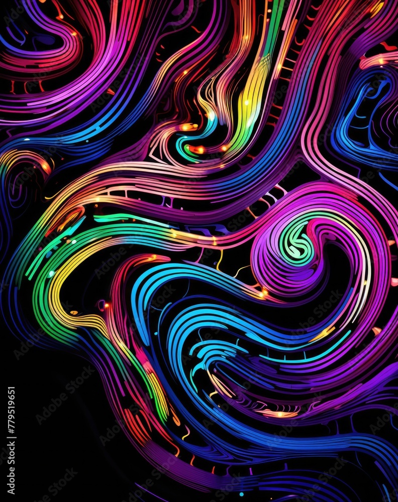 Poster a colorful swirl of lines and colors on a black background. generative ai.