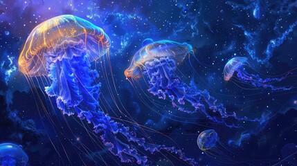 Glowing jellyfish swim deep in blue sea. Medusa neon jellyfish fantasy in space cosmos among stars Generative Ai