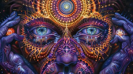 Obraz premium A striking and colorful representation of a persons face surrounded by cosmic imagery, featuring bright elements and intricate details that suggest a deep connection with the universe.