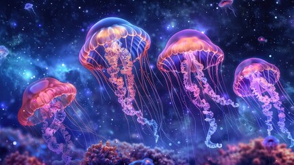 Glowing jellyfish swim deep in blue sea. Medusa neon jellyfish fantasy in space cosmos among stars...