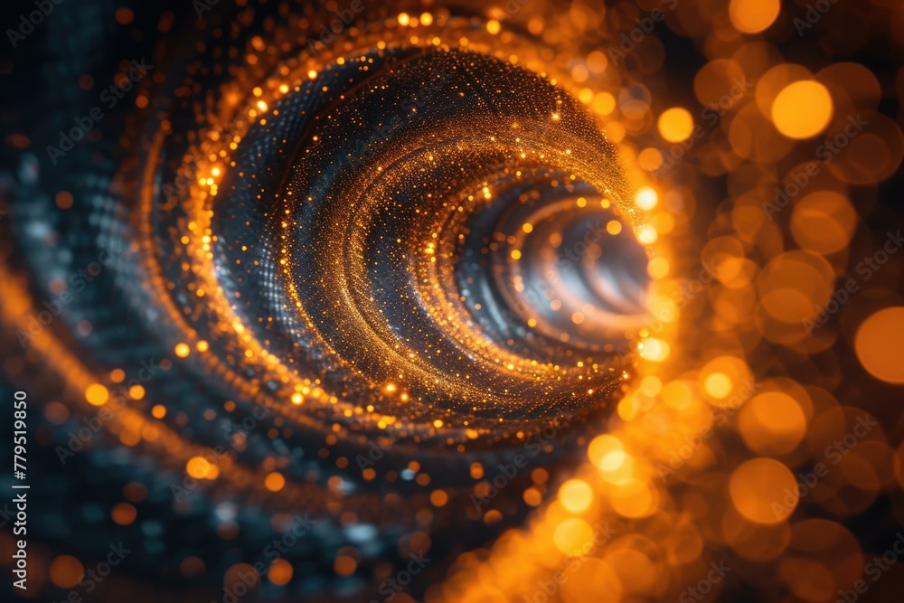 Poster a spiral tunnel with lights and gold particles. generative ai.