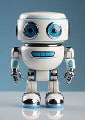 A white and blue robot with big eyes on a table. Generative AI.